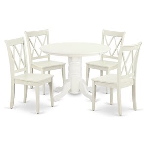 Pemberly Row 5-Piece Asian Wood Dining Set with Round Table in Linen White