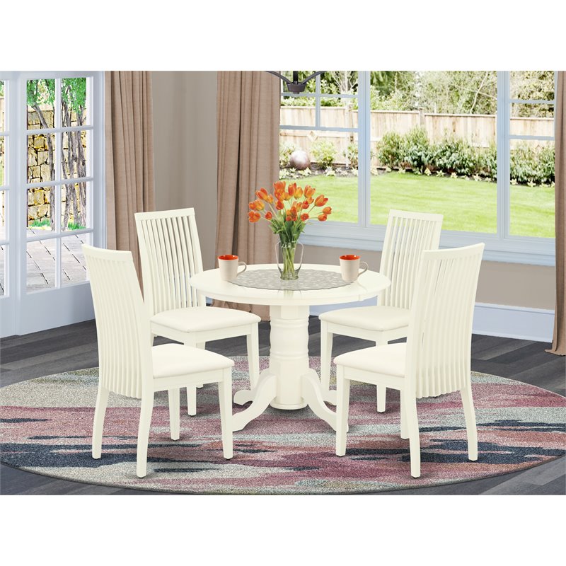 Pemberly Row 5-Piece Wood Dining Set with Round Table in Linen White