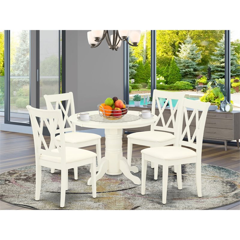 Pemberly Row 5-Piece Dining Set with Round Table and Linen Seats in White
