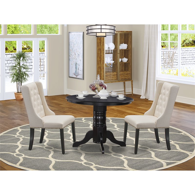 Pemberly Row 3-Piece Wood Dining Set Black/Cream Linen Fabric
