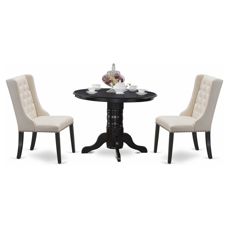 Pemberly Row 3-Piece Wood Dining Set Black/Cream Linen Fabric