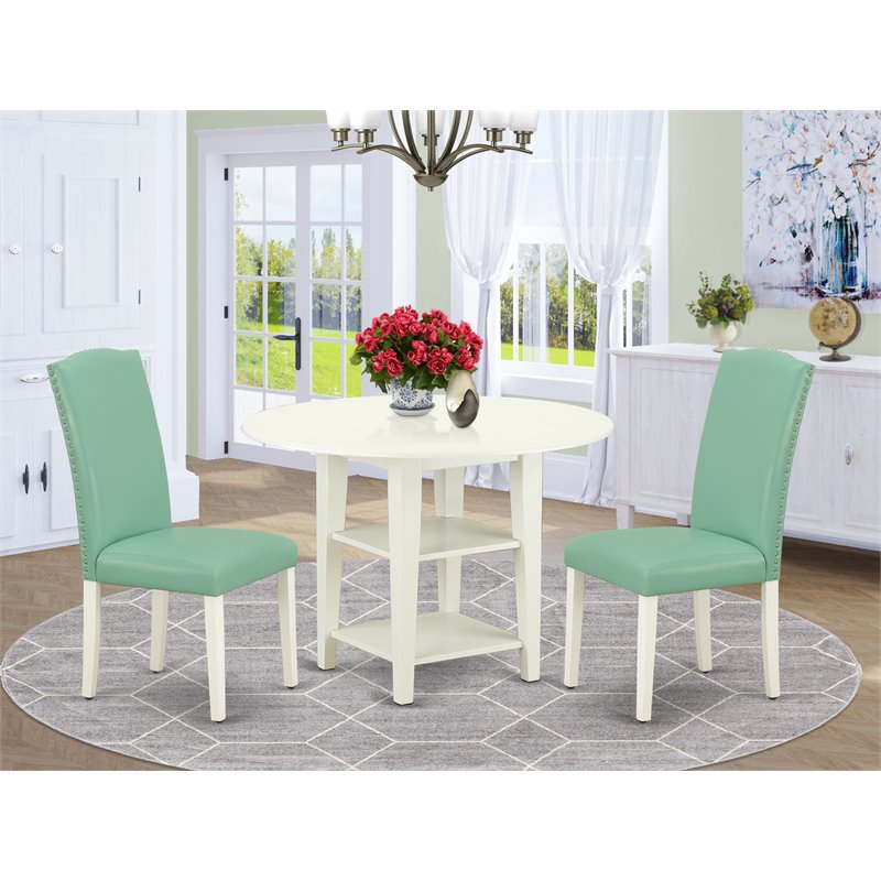 Pemberly Row 3-Piece Drop Leaf Dining Set with Shelf in Linen White/Pond