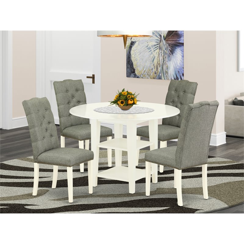 Pemberly Row 5-Piece Wood Dining Set in Linen White and Smoke Upholstery