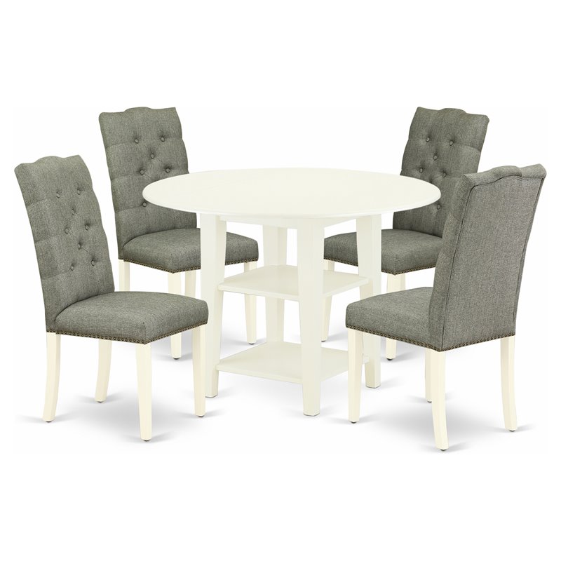 Pemberly Row 5-Piece Wood Dining Set in Linen White and Smoke Upholstery