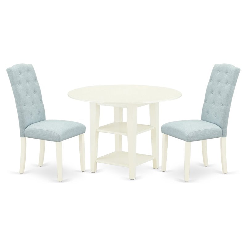 Pemberly Row 3-Piece Wood Dining Set in Linen White and Baby Blue