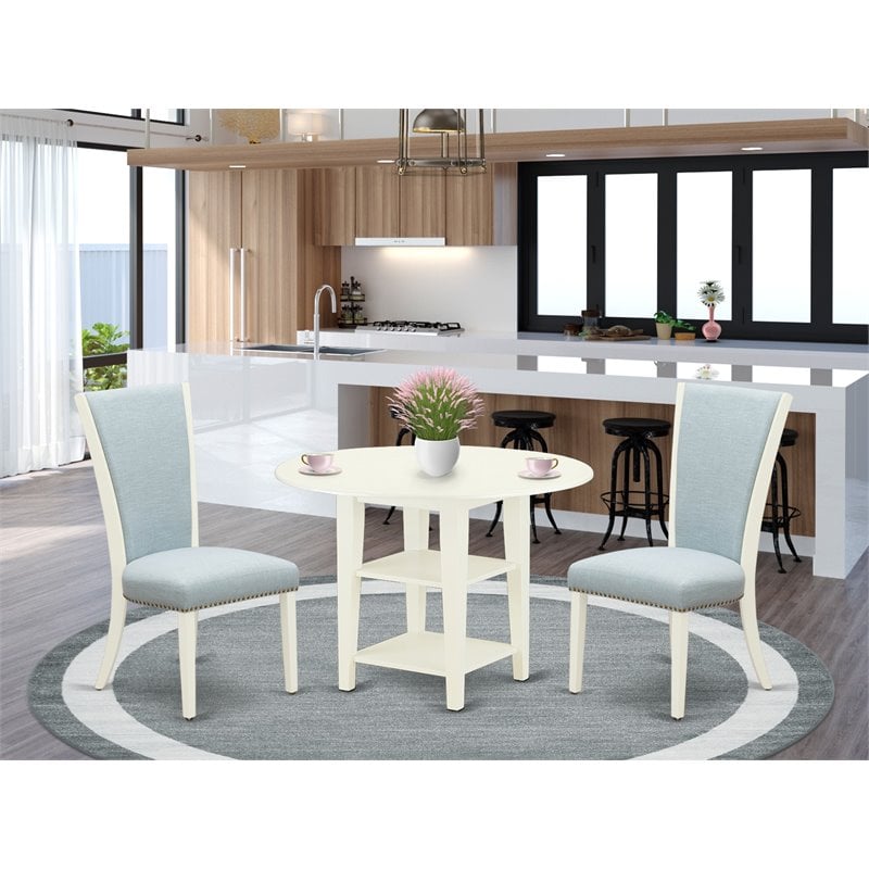 Pemberly Row 3-Piece Wood Drop Leaf Dining Set in Linen White/Baby Blue