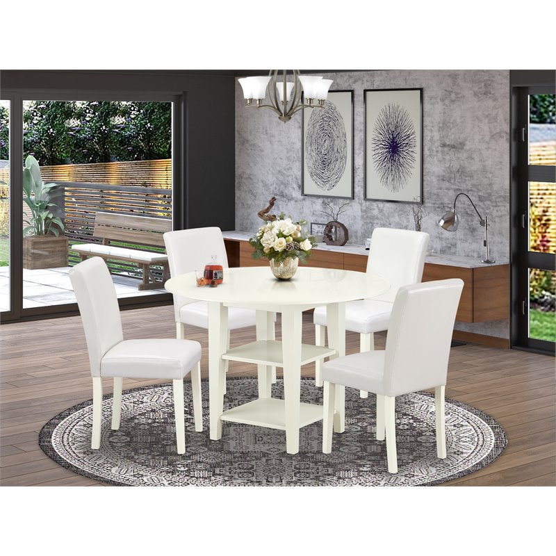 Pemberly Row 5-Piece Wood Dining Set in Linen White with PU Upholstery