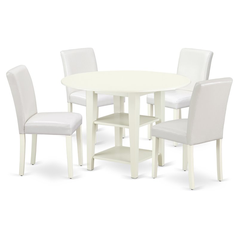 Pemberly Row 5-Piece Wood Dining Set in Linen White with PU Upholstery