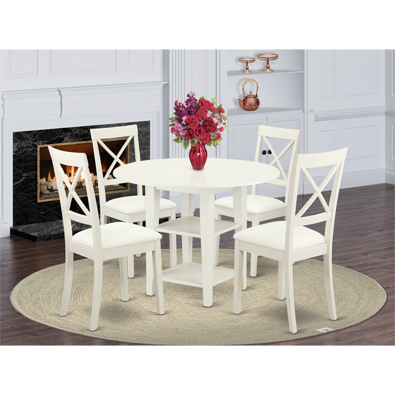 Pemberly Row 5-Piece Wood Dining Set with Leather Chairs in Linen White
