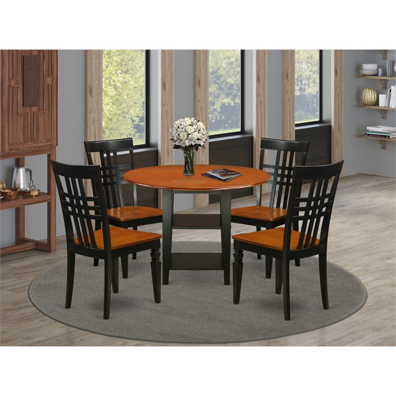 Pemberly Row 5-Pc Wood Dining Set with Slat Chairs Black & Cherry Finish