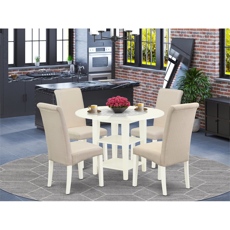 Pemberly Row 5-Pc Dining Set with Drop Leaf Table Linen White & Cream
