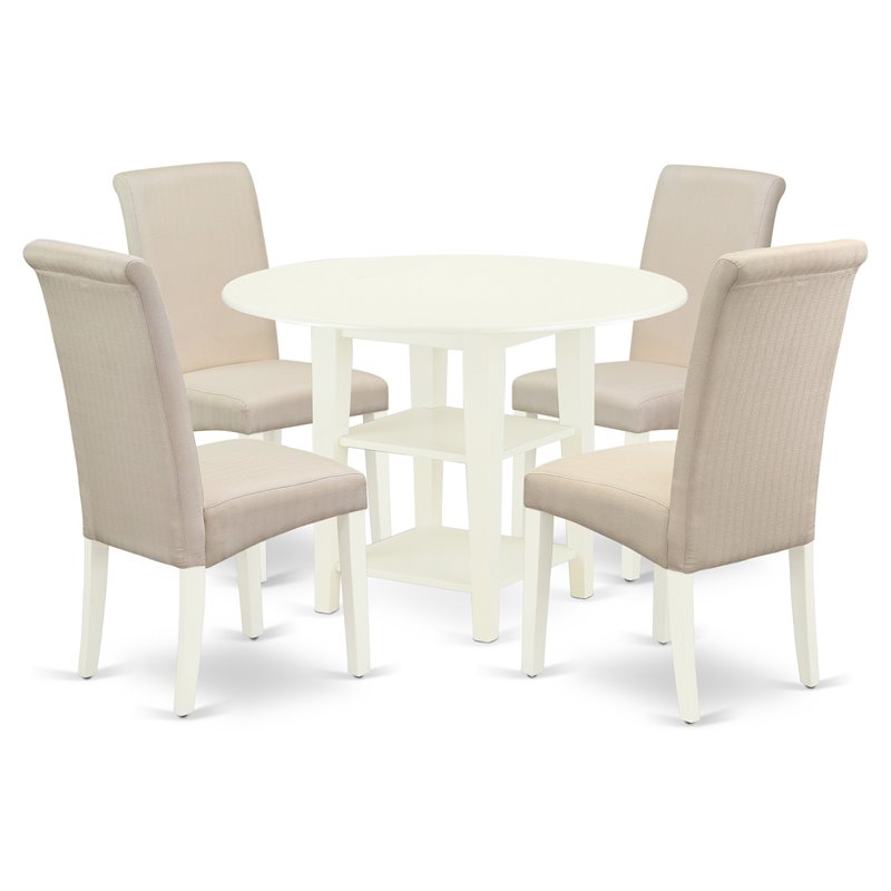 Pemberly Row 5-Pc Dining Set with Drop Leaf Table Linen White & Cream