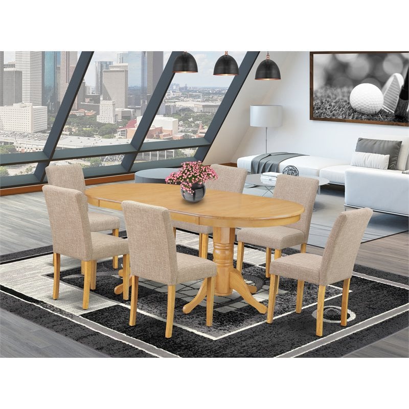 Pemberly Row 7-Piece Wood Dining Set with Oak Table and Light Fawn Chairs