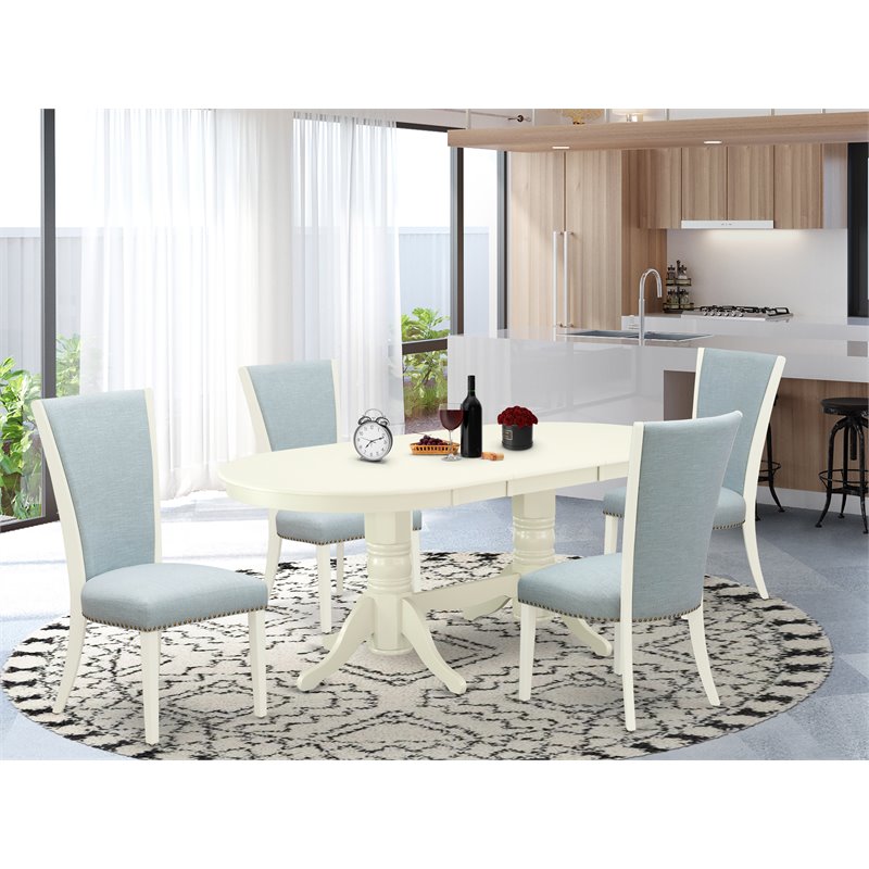 Pemberly Row 5-Piece Linen White Dining Set with Baby Blue Upholstery