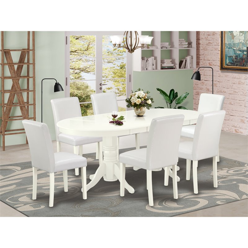 Pemberly Row 7-Piece Wood Dining Set with Leather Seat in Linen White