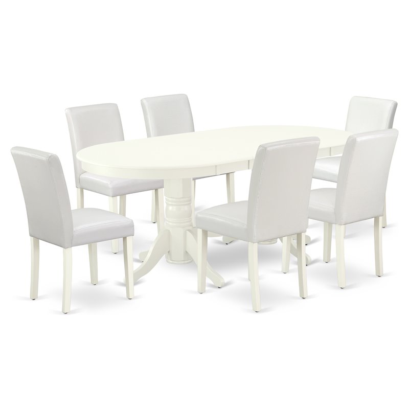 Pemberly Row 7-Piece Wood Dining Set with Leather Seat in Linen White