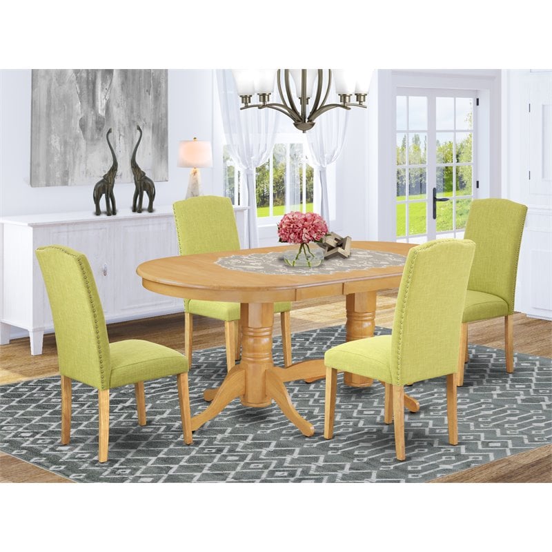 Pemberly Row 5-Piece Oak Finish Dining Set with Parson Chairs in Limelight