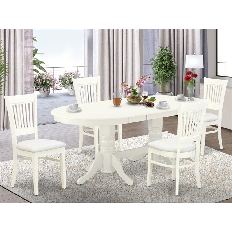Pemberly Row 5-Piece Oval Dining Set in Asian Wood with Linen White