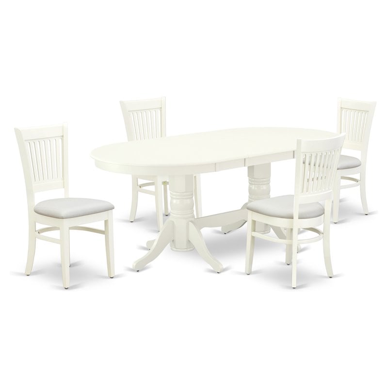 Pemberly Row 5-Piece Oval Dining Set in Asian Wood with Linen White