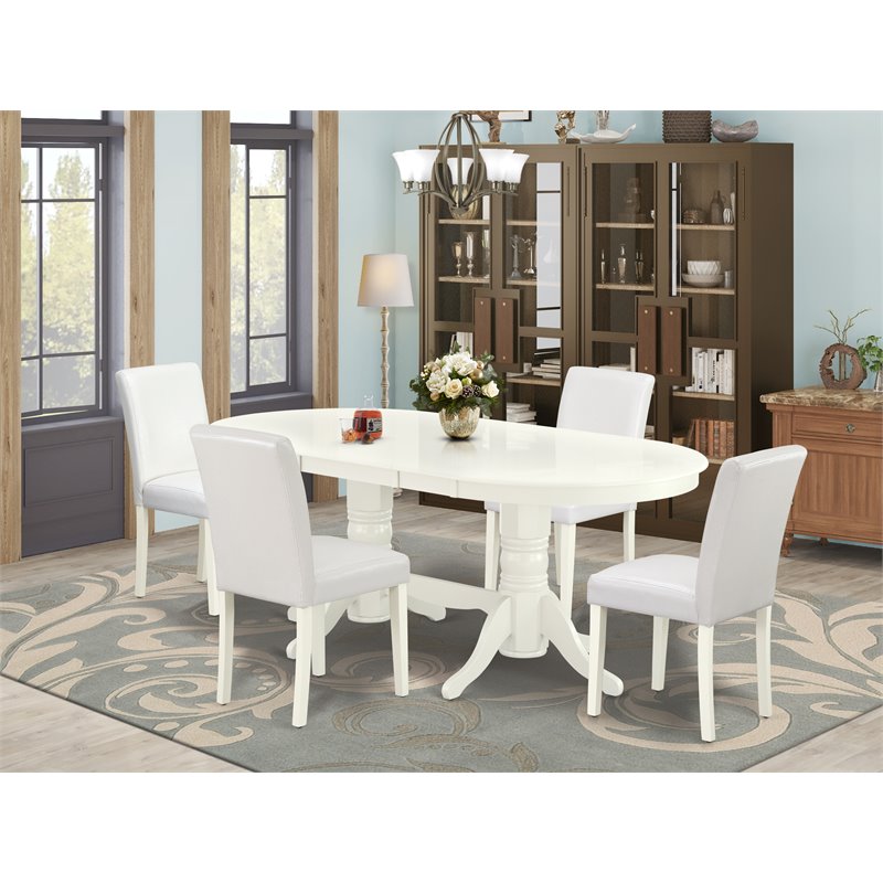 Pemberly Row 5-Piece Linen White Oval Dining Set with PU Leather Chairs