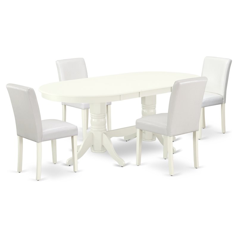 Pemberly Row 5-Piece Linen White Oval Dining Set with PU Leather Chairs