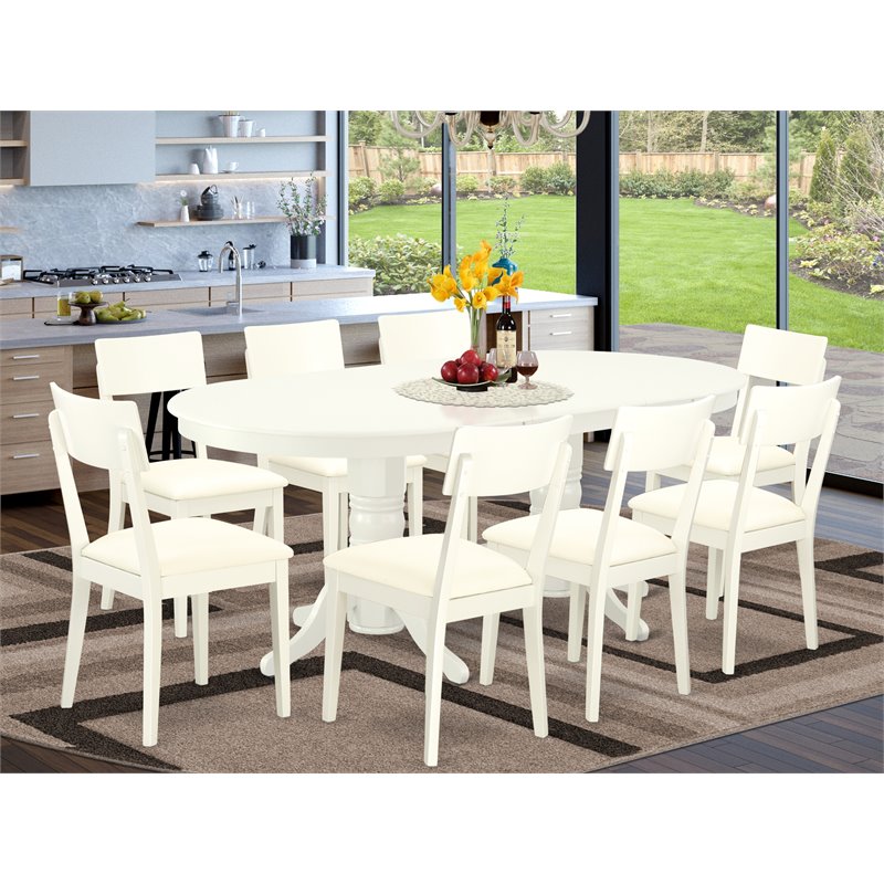 Pemberly Row 9-Piece Dining Set with Faux Leather Chairs in Linen White