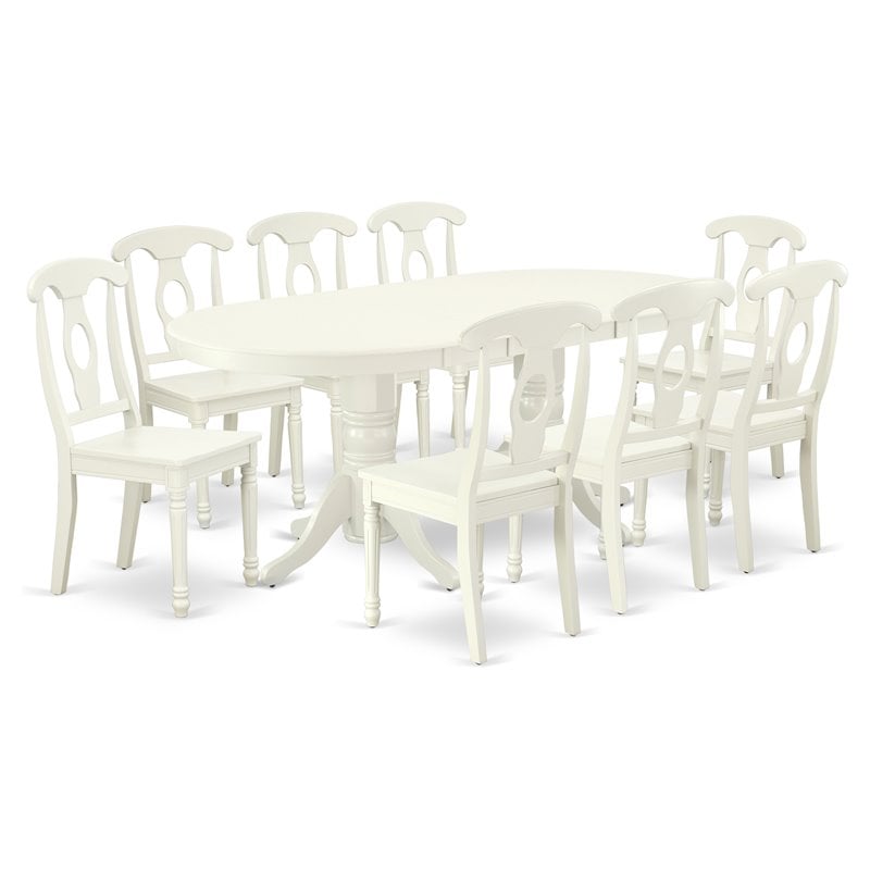 Pemberly Row 9-Piece Oval Dining Set with Wooden Chairs in Linen White