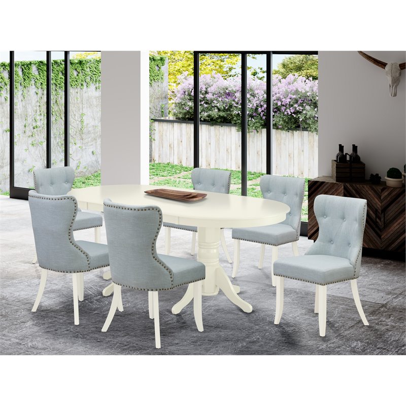 Pemberly Row 7-Piece Dining Set in Wood and Linen White/Baby Blue