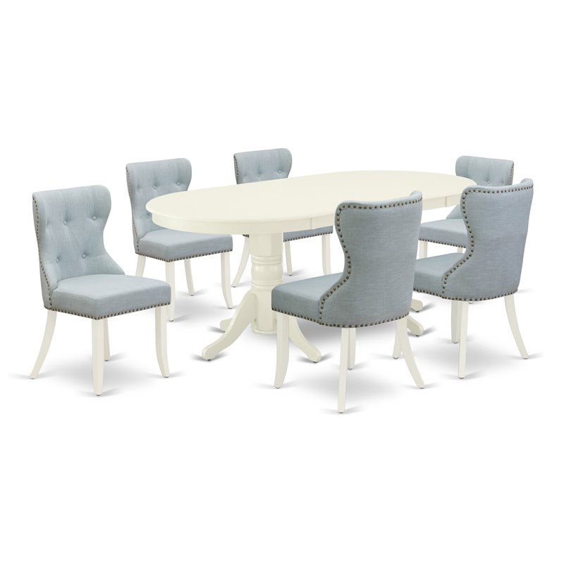 Pemberly Row 7-Piece Dining Set in Wood and Linen White/Baby Blue