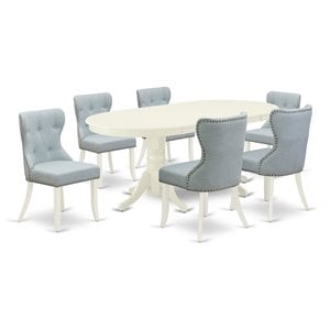 Pemberly Row 7-Piece Dining Set in Wood and Linen White/Baby Blue