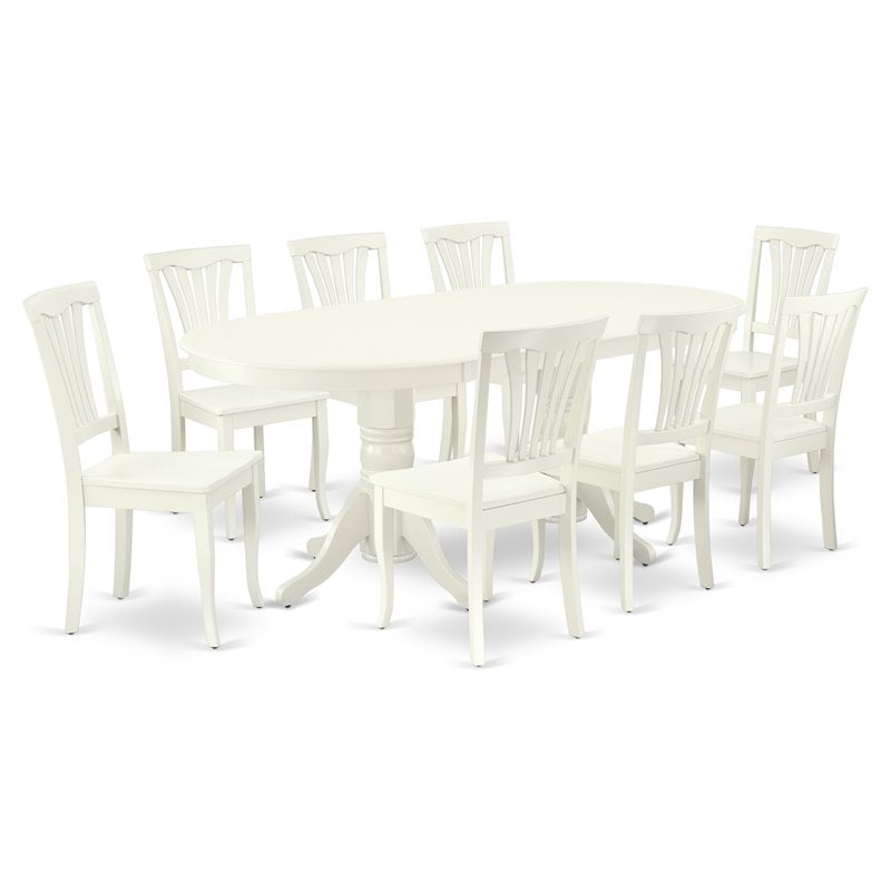 Pemberly Row 9-Piece Dining Set with Wooden Seats in Linen White