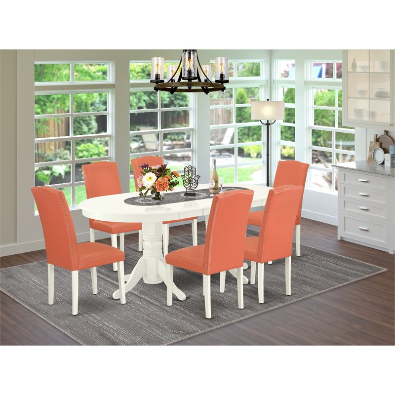 Pemberly Row 7-Piece Wood Dining Set in Linen White and Pink Flamingo