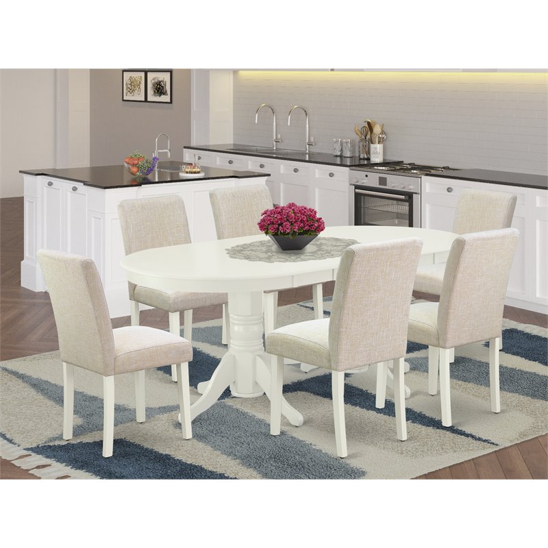 Pemberly Row 7-Piece Wood Dining Set with Fabric Seats in Linen White