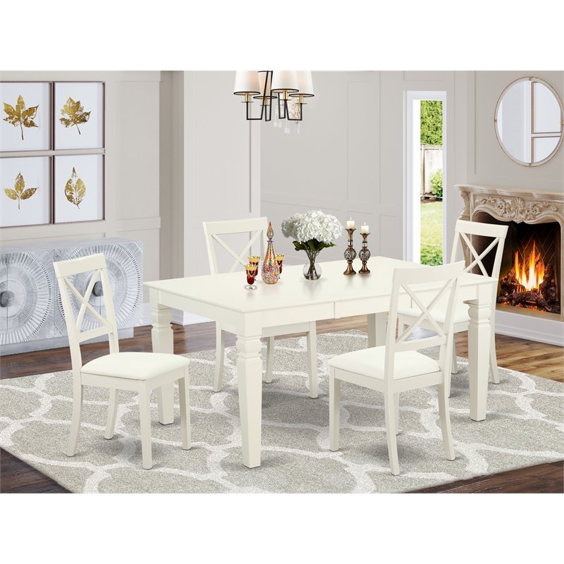 Pemberly Row 5-Piece Wood Dining Set with Leather Chairs in Linen White