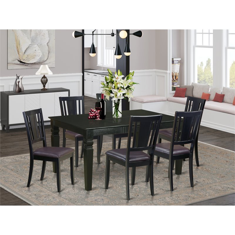 Pemberly Row 7-Piece Asian Wood Dining Set with 6 Chairs in Black