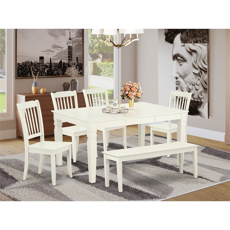 Pemberly Row 6-Piece Wood Dining Set with Bench in Linen White Finish