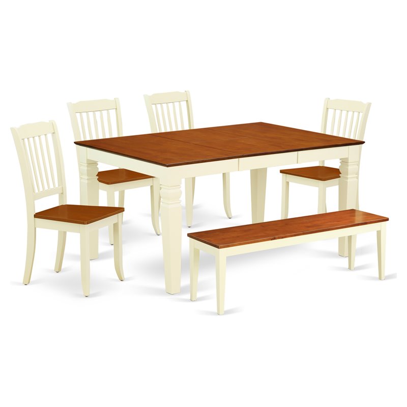 Pemberly Row 6-Piece Wood Dining Set with Bench in Buttermilk and Cherry