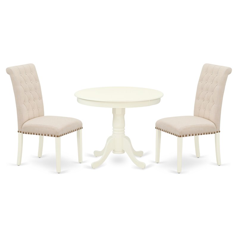 Pemberly Row 3-Piece Linen White Dining Set with Light Beige Parson Chairs