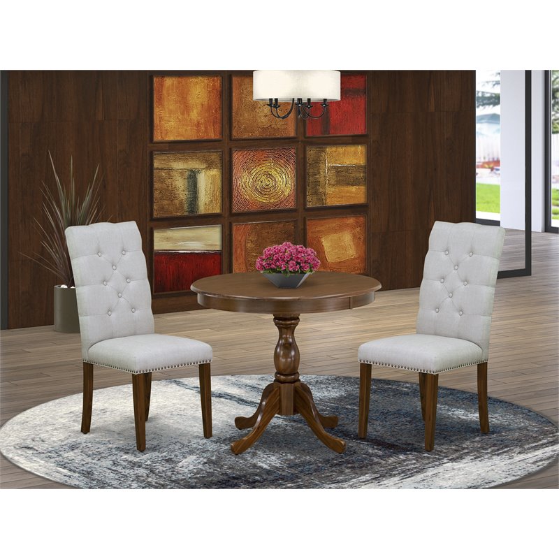 Pemberly Row 3-Piece Dining Set with Walnut Table and Button Tufted Chairs
