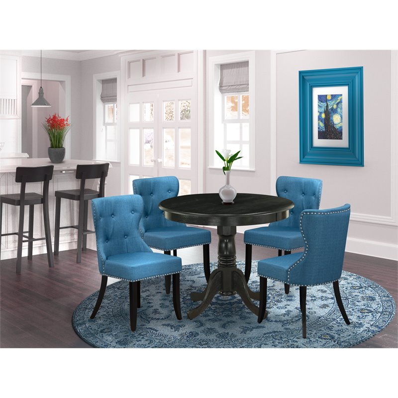 Pemberly Row 5-Piece Wood Dining Table Set in Black with Round Table