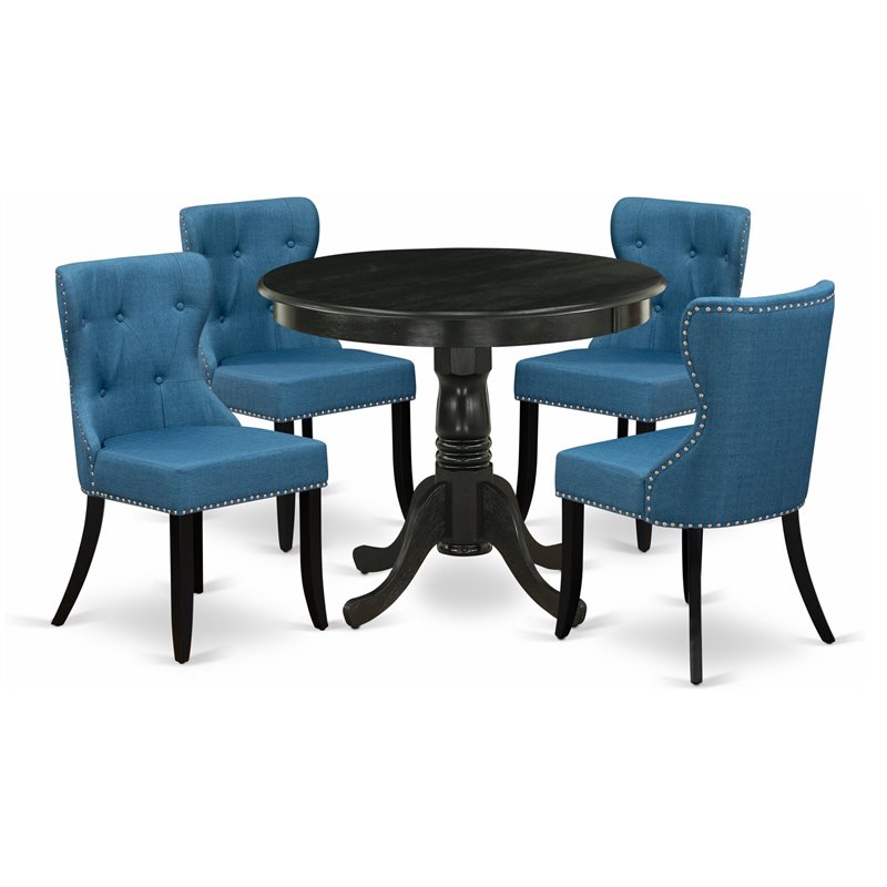 Pemberly Row 5-Piece Wood Dining Table Set in Black with Round Table
