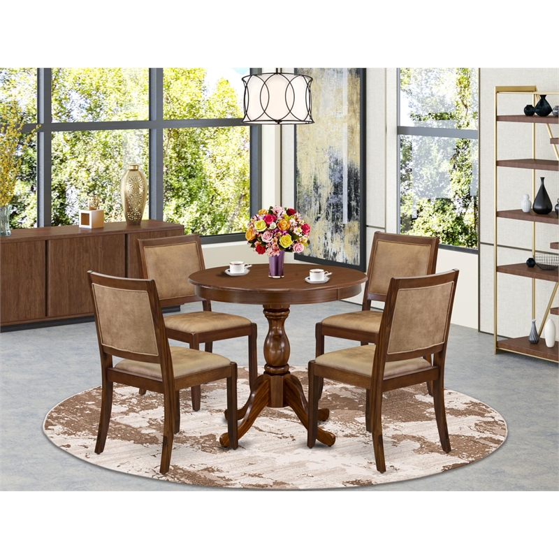 Pemberly Row 5-Piece Dining Set with Walnut Finish and Faux Leather Seats