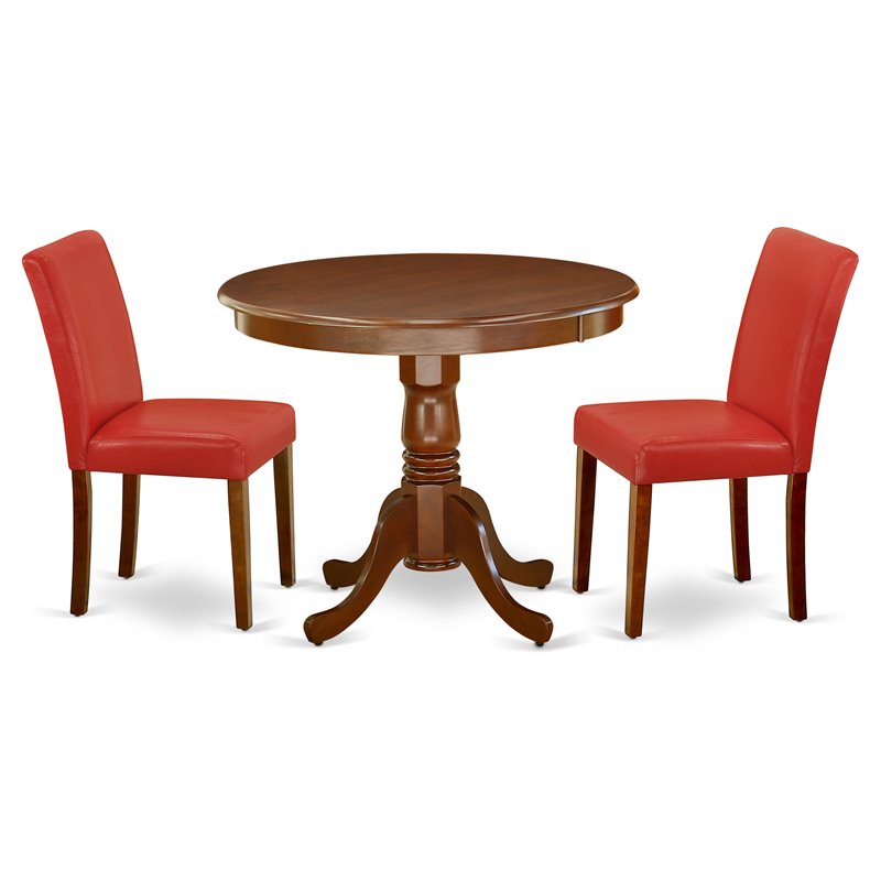 Pemberly Row 3-Piece Round Dinette Table Set in Mahogany & Firebrick Red