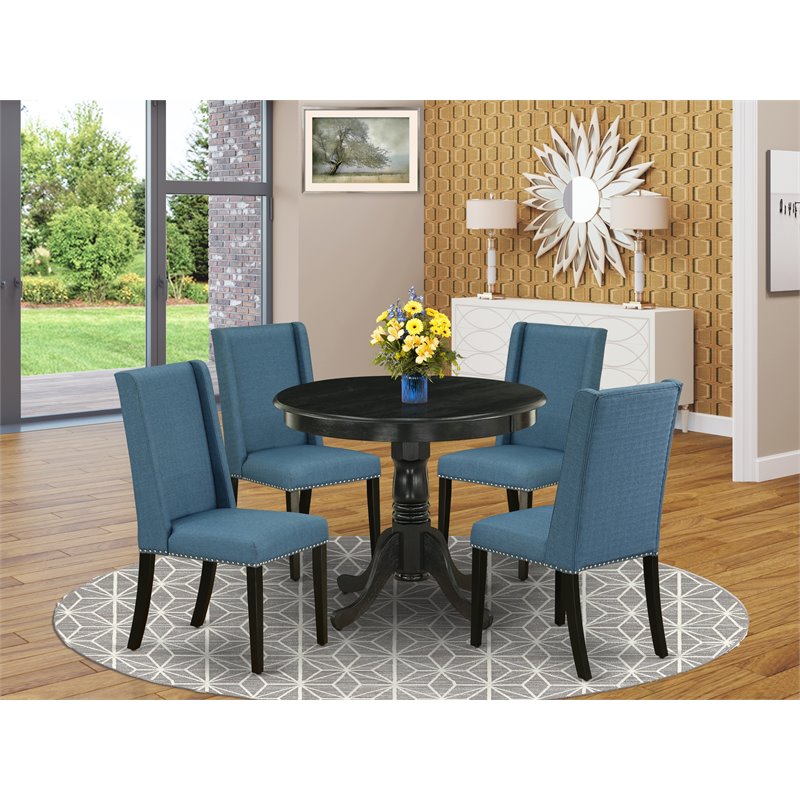 Pemberly Row 5-Piece Wood Dining Set with Fabric Seats in Black/Blue