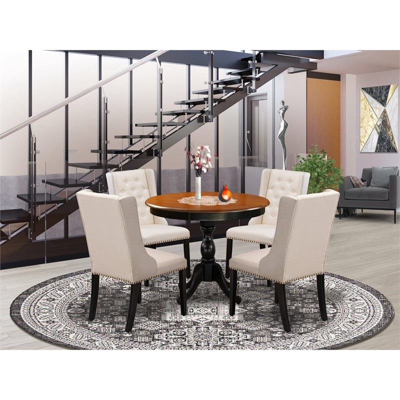Pemberly Row 5-Piece Dining Set with Round Table and Tufted Chairs in Black