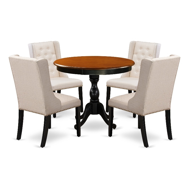 Pemberly Row 5-Piece Dining Set with Round Table and Tufted Chairs in Black