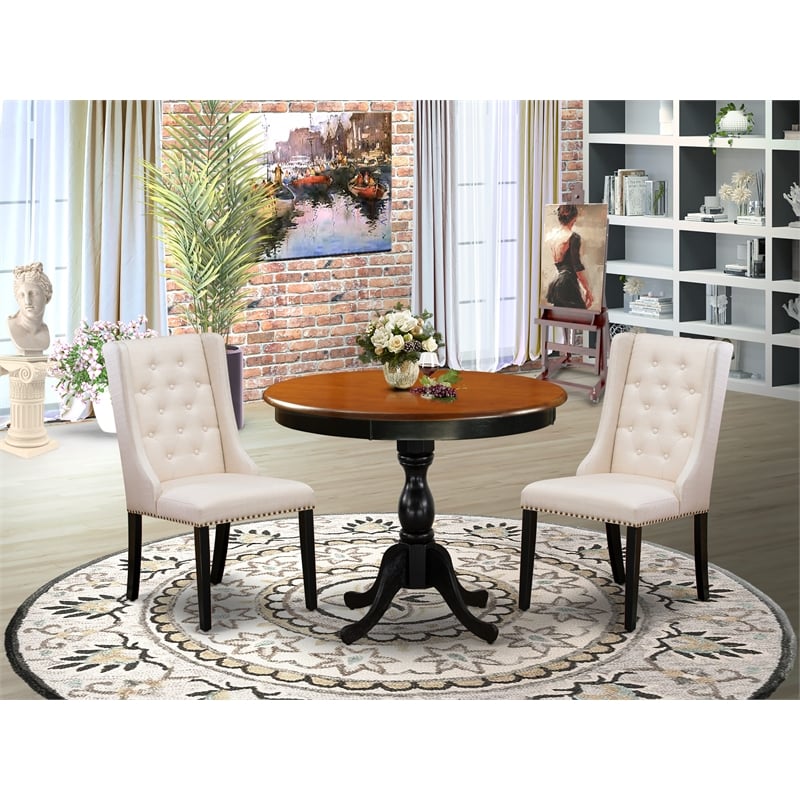 Pemberly Row 3-Piece Dining Set with Linen Chairs in Black & Cherry