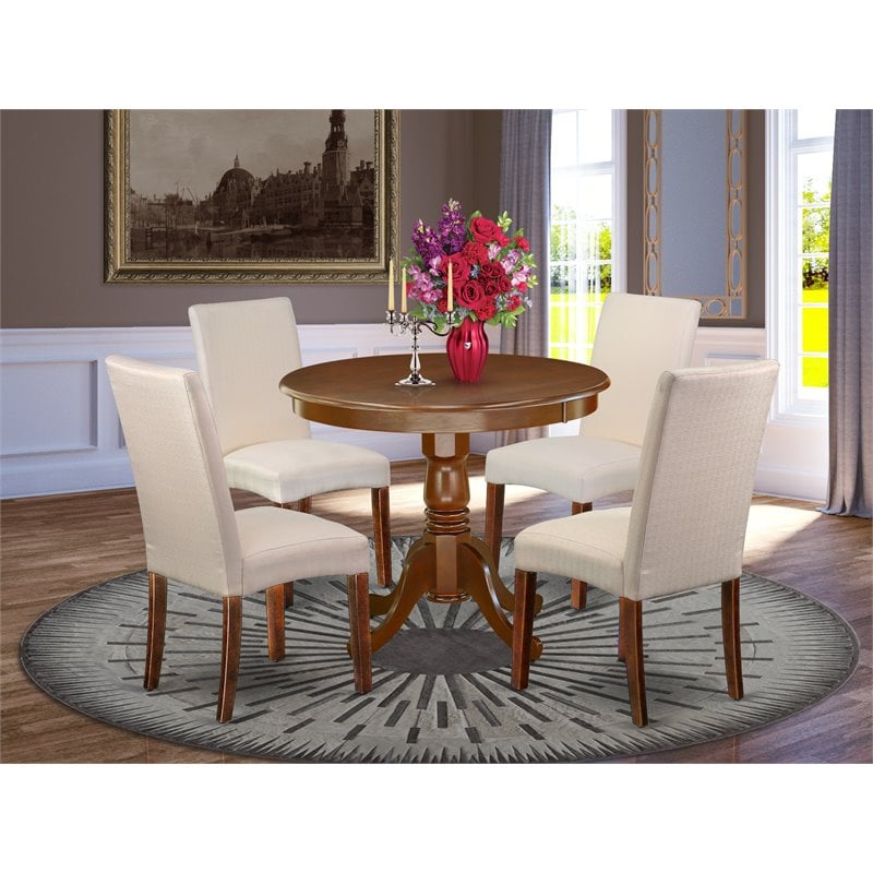 Pemberly Row 5-Piece Wood Dinette Set in Mahogany and Cream Linen