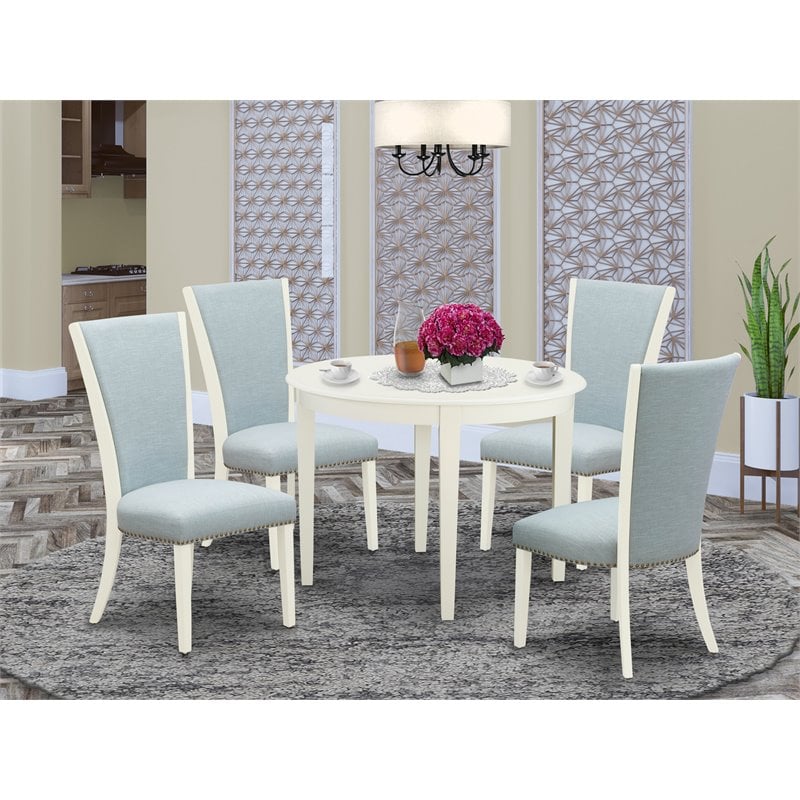 Pemberly Row 5-Piece Wood Dining Set in Linen White with Baby Blue Seats