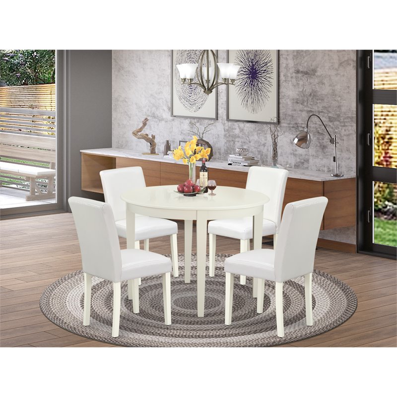 Pemberly Row 5-Piece Wood Dining Set with Leather Seats in Linen White